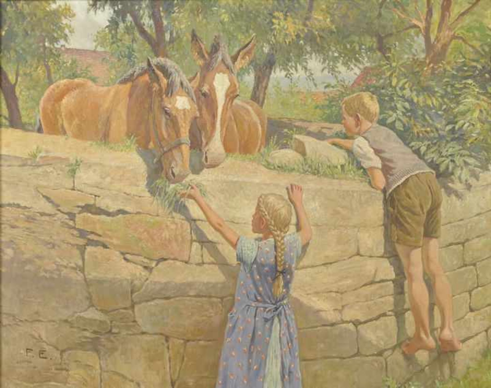 Monogrammist "F.E.", Deutschland, um 1930Sommertag im Dorf - zwei Kinder füttern Pferde hinter