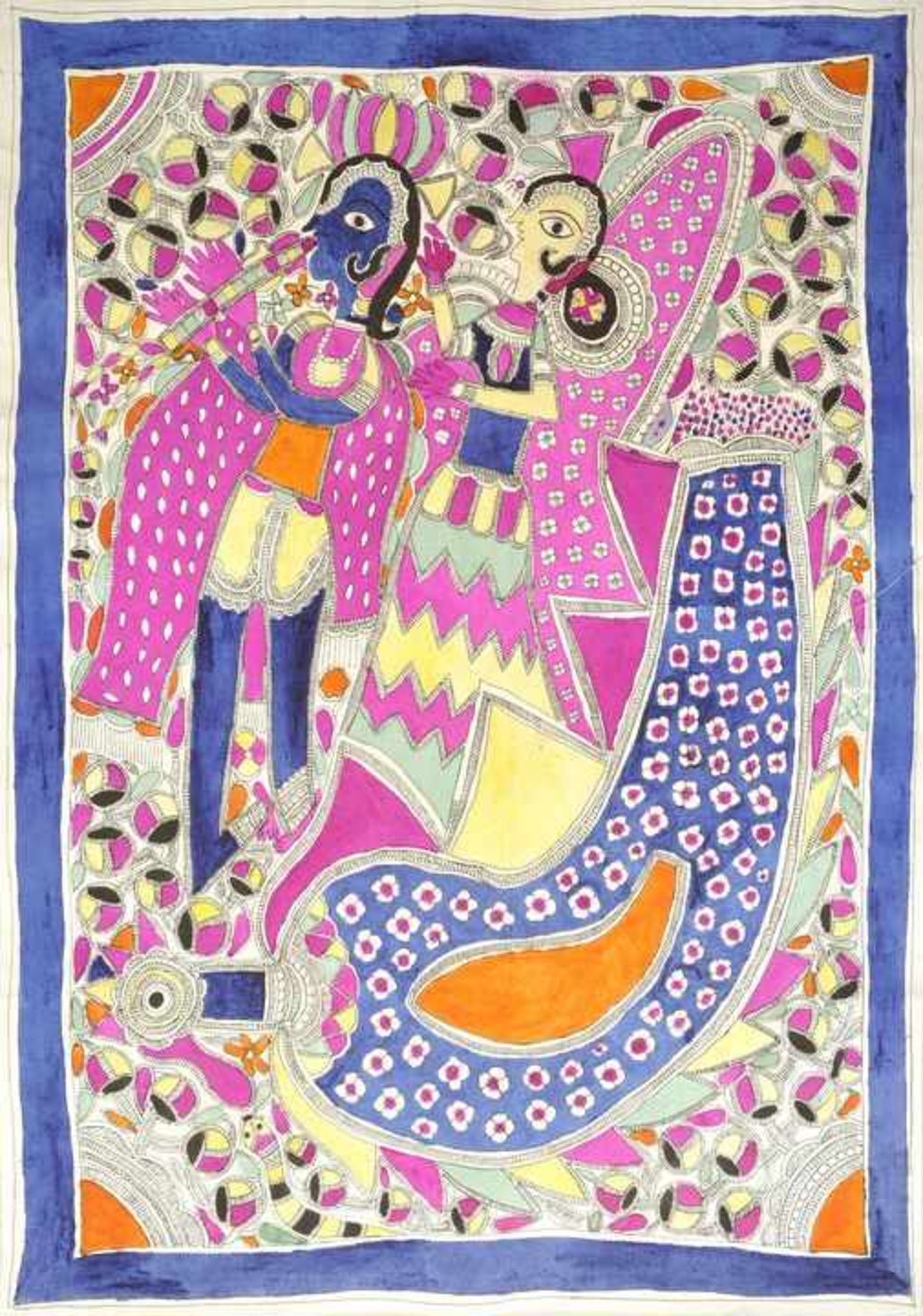 Sushibha DeviRadha-Krishna Tusche / Gouache. Nordindien, Madhubani / Bihar um 1970. 76 x 56 cm.