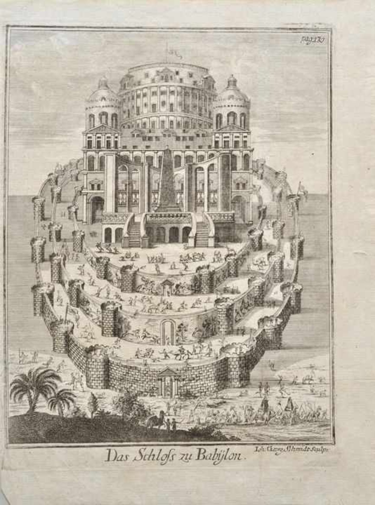 Babylon/ Jerusalem, 3 Darstellungena) Schmidt, Johann Georg: Das Schloß zu Babylon, Kupferstich/ - Bild 3 aus 6