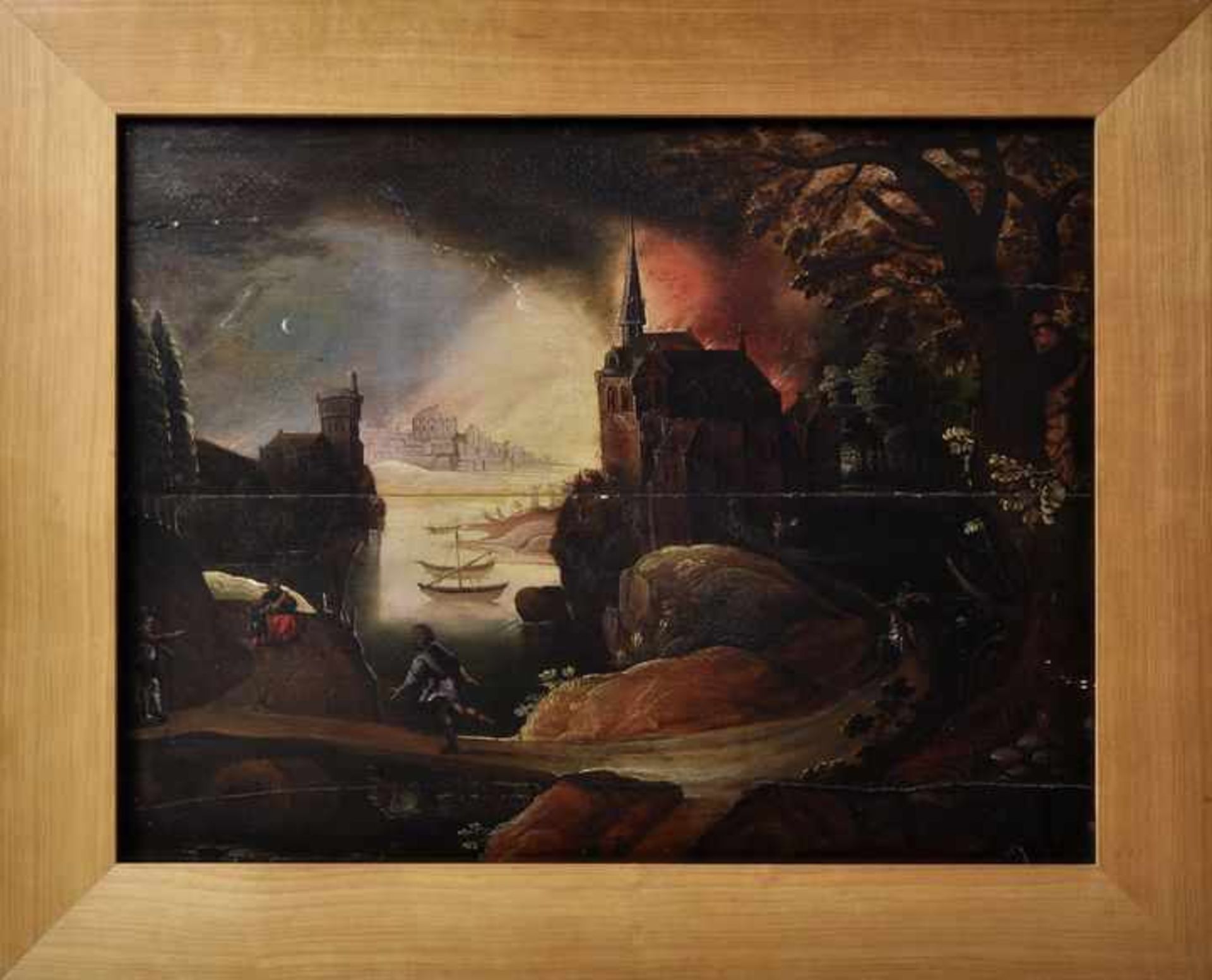 Deutscher Meister, 17. Jh.Nächtliche Feuersbrunst. Öl auf Holz, 51 x 66 cm. Gerahmt. - Image 4 of 4