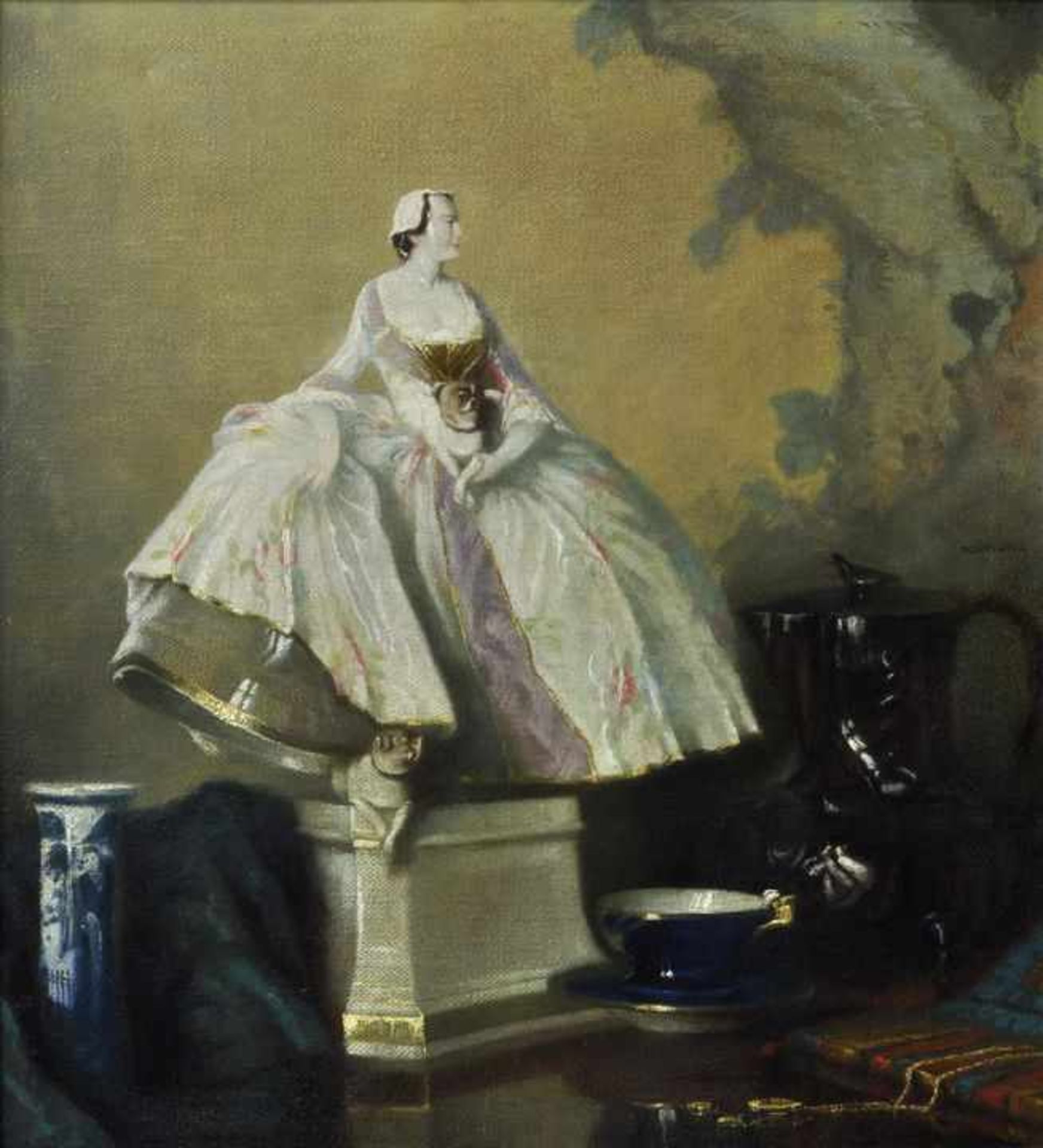 Dürschke, Max. 1875 Glatz-1930Stillleben mit Porzellan-Krinolinendame. Öl auf Leinwand, am re. - Bild 2 aus 4