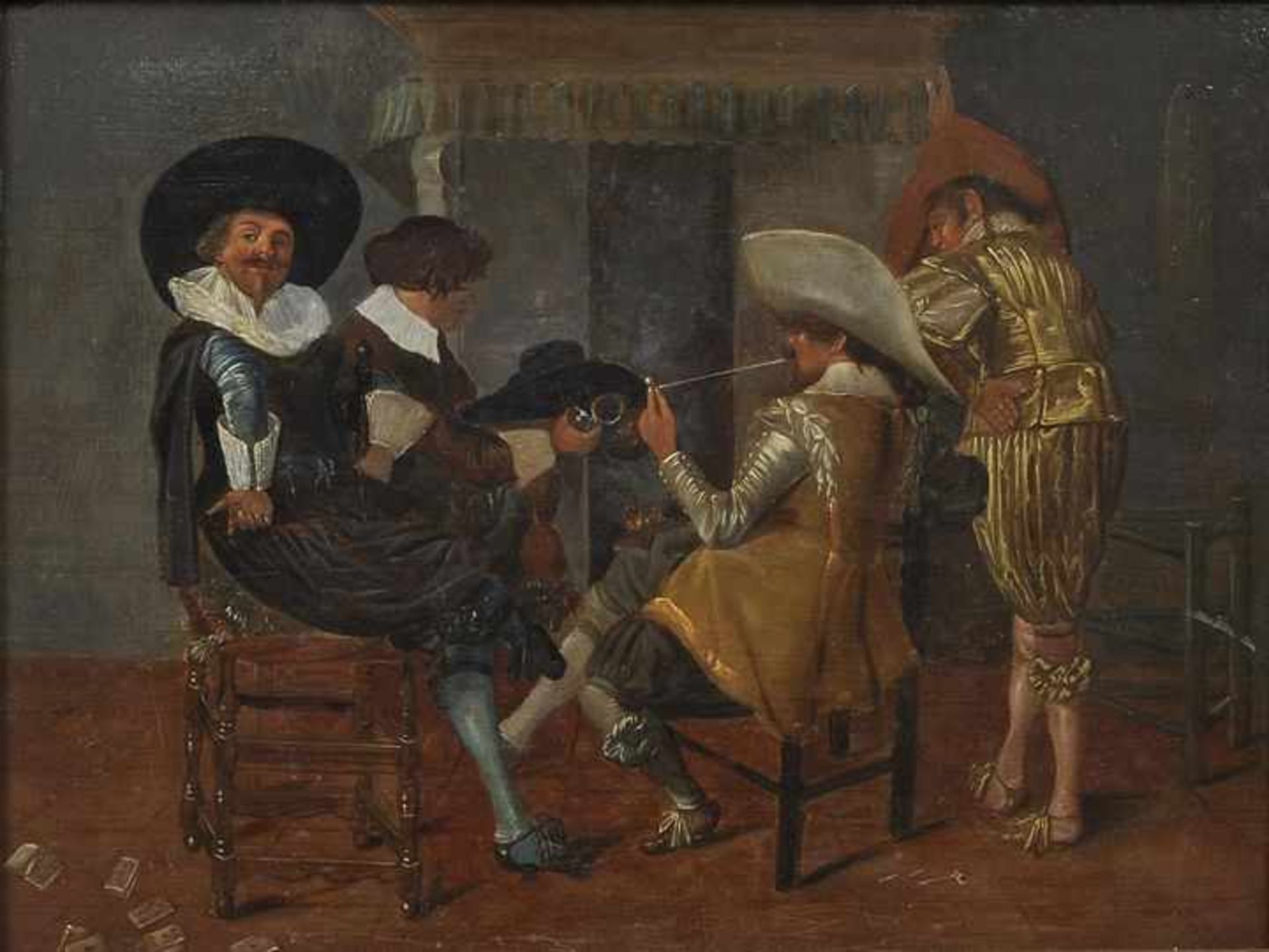 Hals, Dirck. 1591-1656 Haarlem, NachfolgeVier Männer in geselliger Runde am Kamin. Öltempera auf