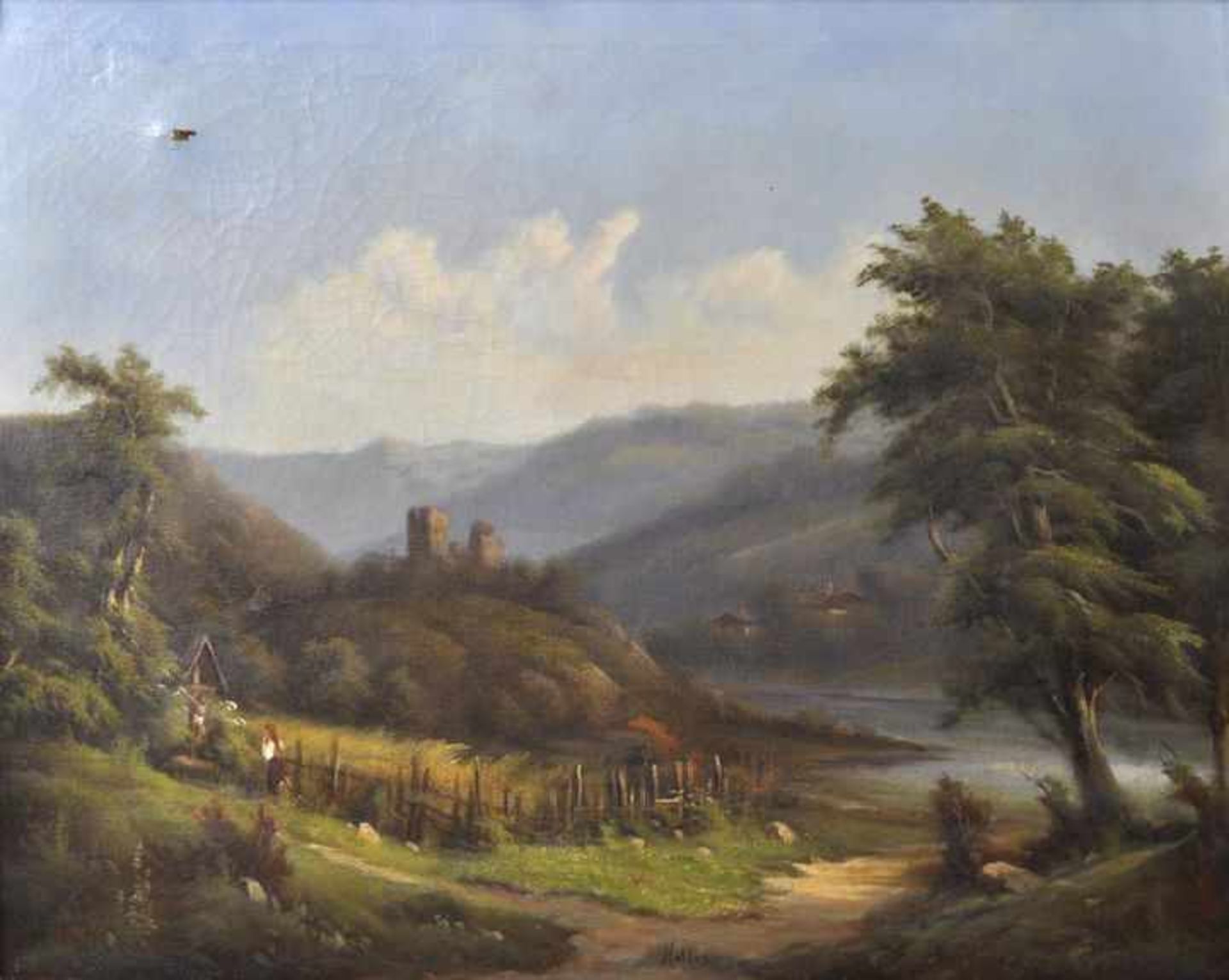 Martin, ? Tätig Mitte 19. Jh.Spätromantische Landschaft mit Burgruine in Flusstal (Rhein?). Um 1850/