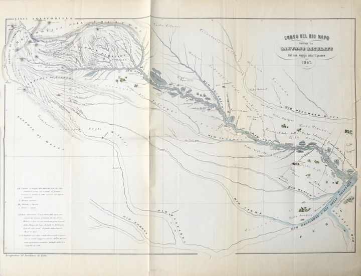 Karte vom Verlauf des Río Napo, entdeckt durch Gaetano Osculati 1847Lithographie, handkoloriert, re. - Image 2 of 2