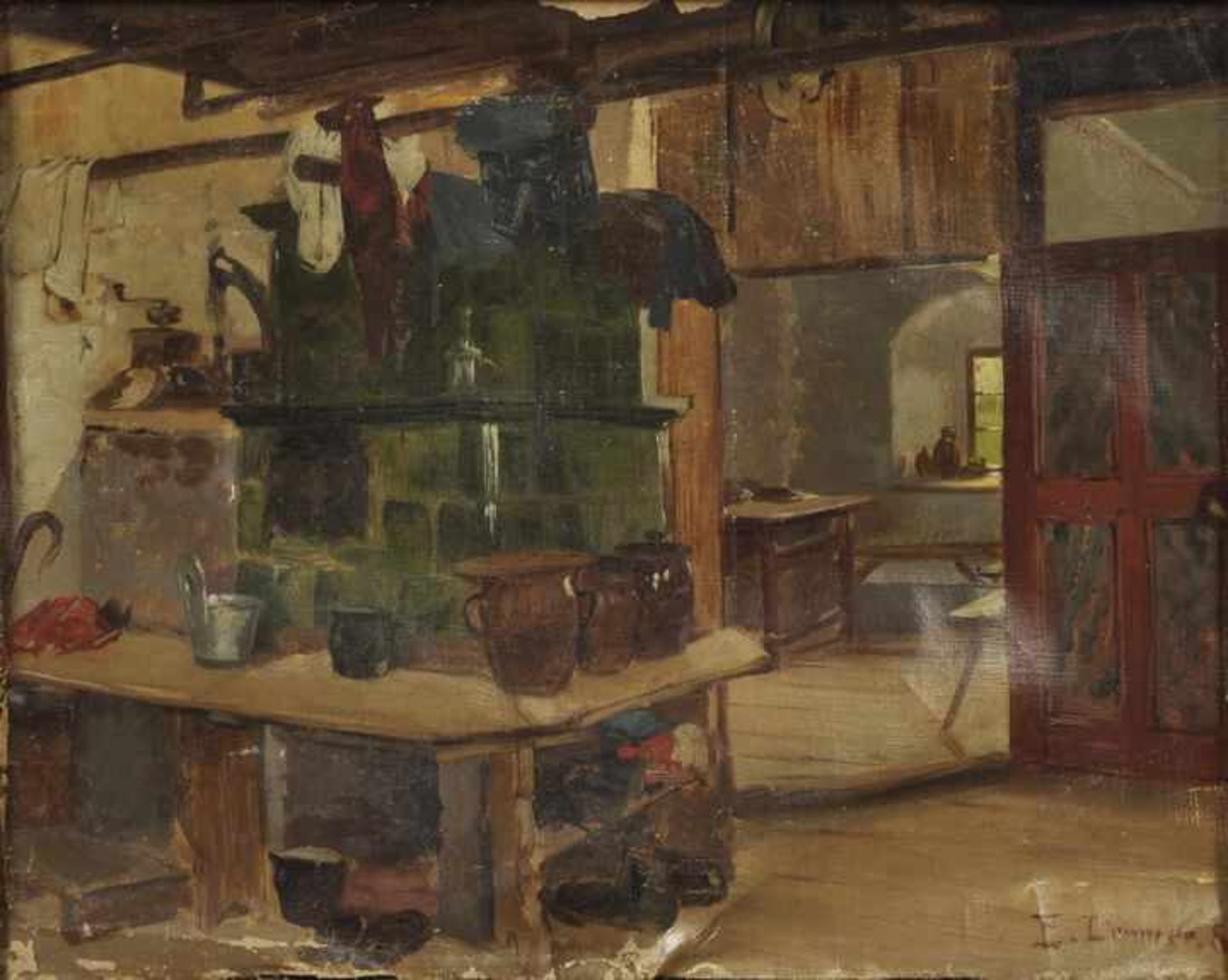 Limmer, Emil. 1854 Borna-1931 DresdenInterieur eines Bauernhauses. 1886. Öl auf Leinwand, re. u.