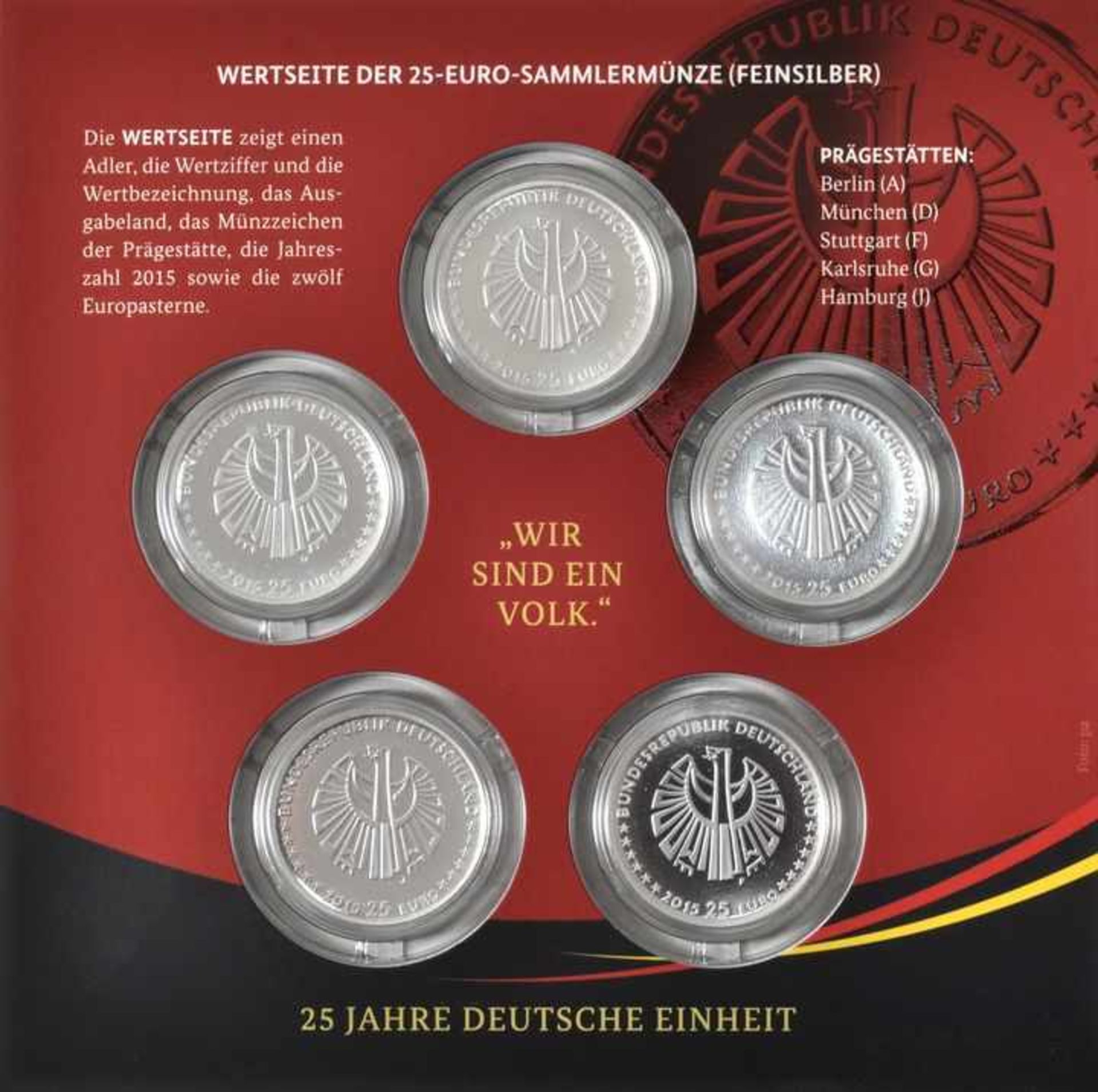 Sammlermünzenset v. 5 x 25 Euro, BRD, 201525. Jahrestag des Beitritts der DDR zur BRD - 2. Ausg., - Bild 3 aus 3
