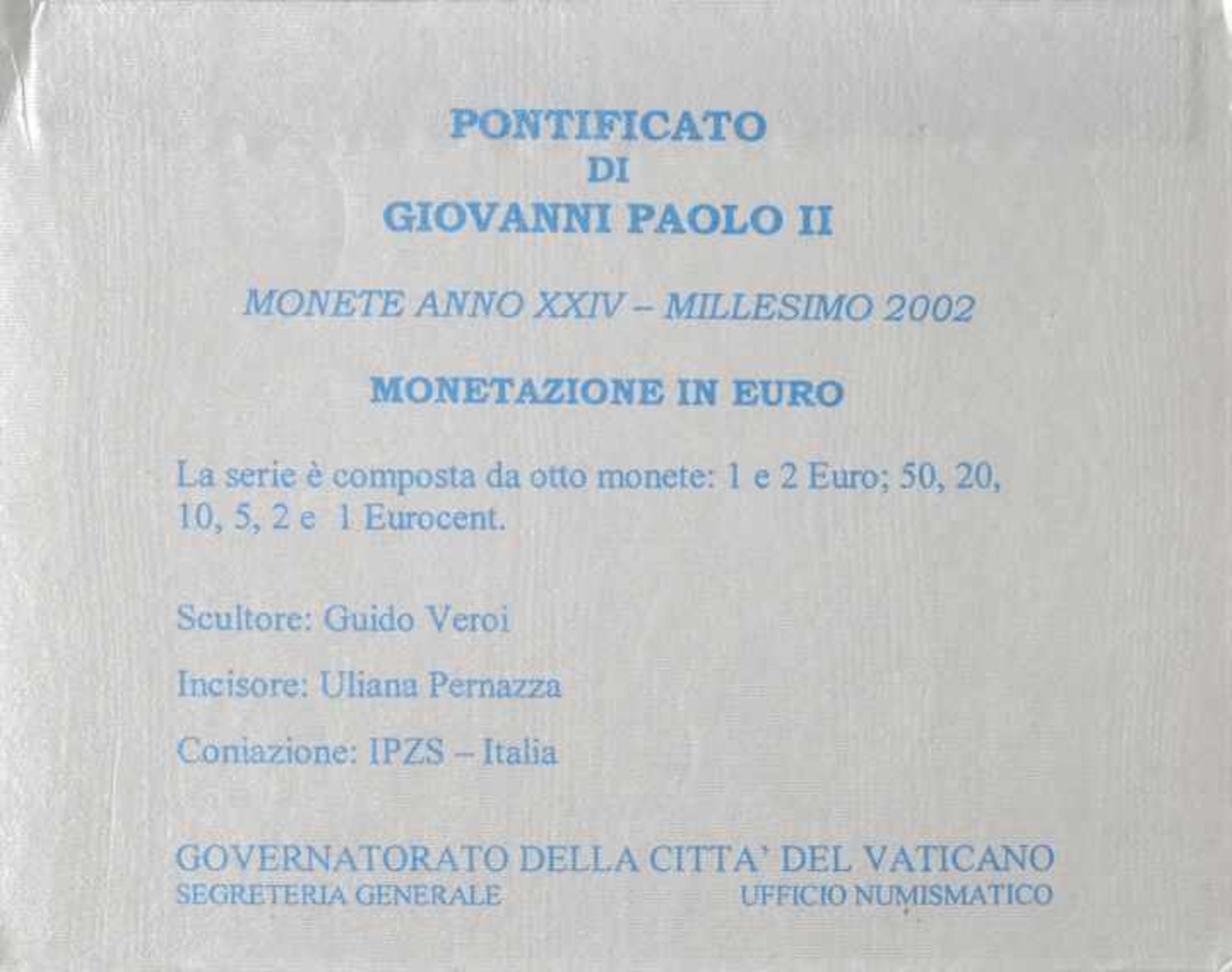 Euro-Kursmünzensatz Vatikan Stadt, 2002Pontifikat Johannes Paul II. 2002. 8 xEuro-Kursmünzen im Wert - Bild 3 aus 4