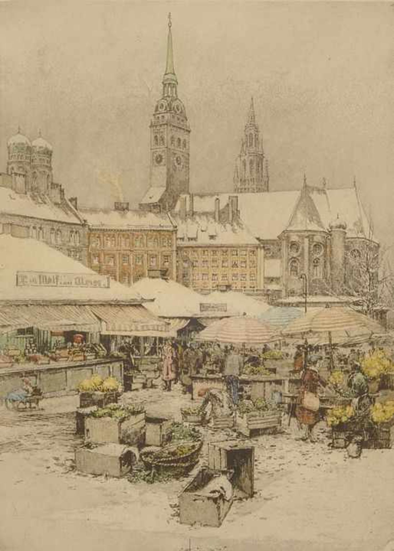 Kasimir, Robert. 1914-2002 WienWinter auf dem Münchener Viktualienmarkt. Farbradierung, sign. 47,5 x - Bild 2 aus 2