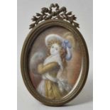 Miniatur im Stellrahmen, Frankreich (?), ca. 1780-1810Junge Frau/ Mädchen mit Muff. Auf Elfenbein.