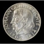 5 DM, BRD 1964. 150. Todestag von Johann Gottlieb Fichte. Silber. Prägeort J (Hamburg).Erh.: sehr