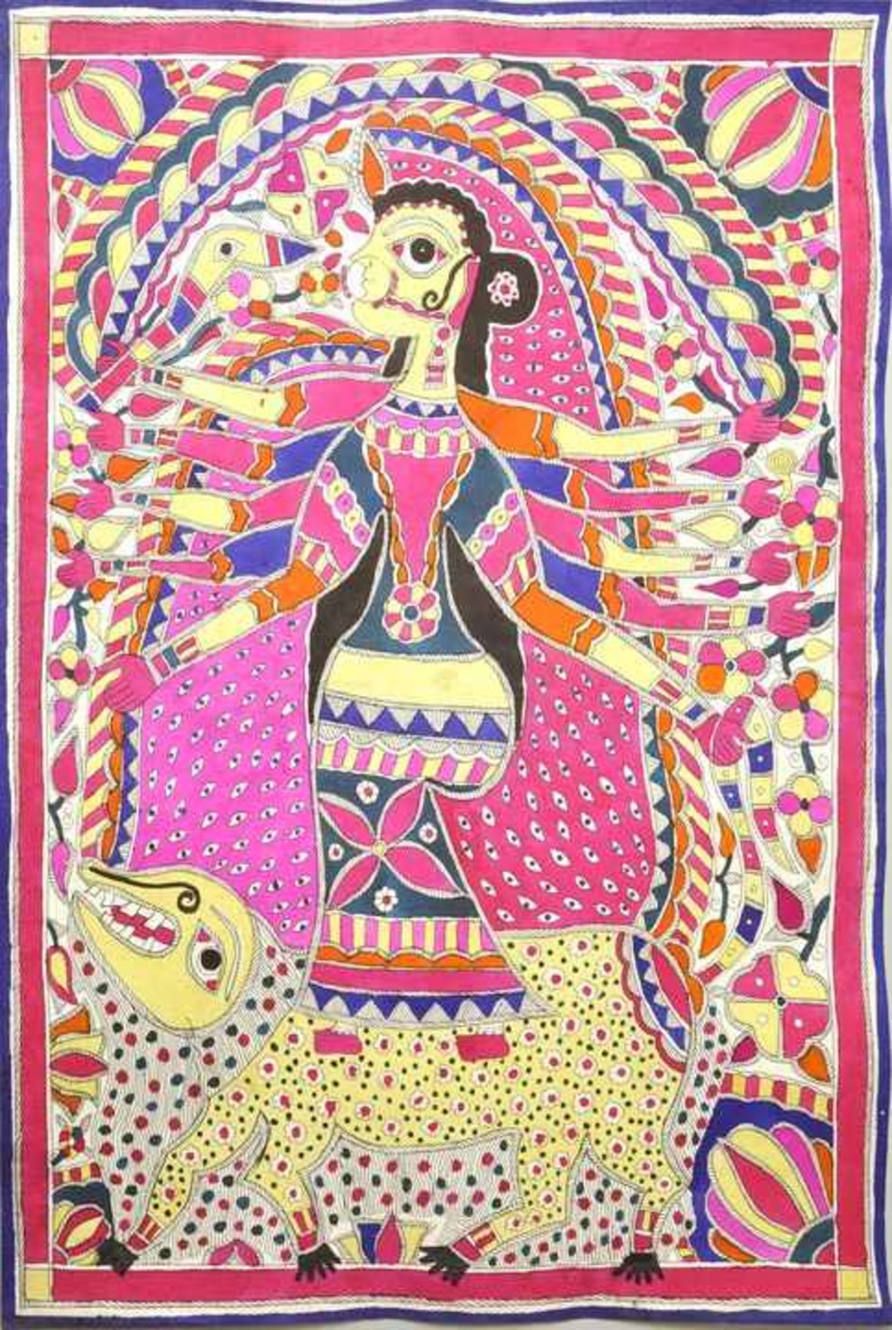 Durga auf dem LöwenTusche / Gouache. Nordindien, Madhubani / Bihar um 1970. 76 x 56 cm. Rückseitig - Bild 2 aus 5