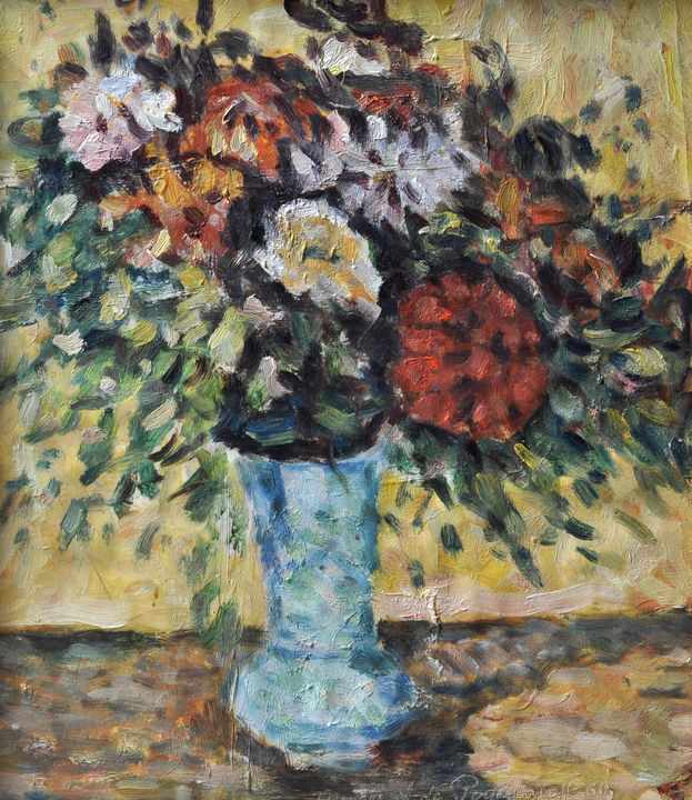 Pogédaieff, Georges A. de.1894 Jalta - 1971 Ménerbes, Frankreich Sommerblumen in blauer Vase. Öl auf