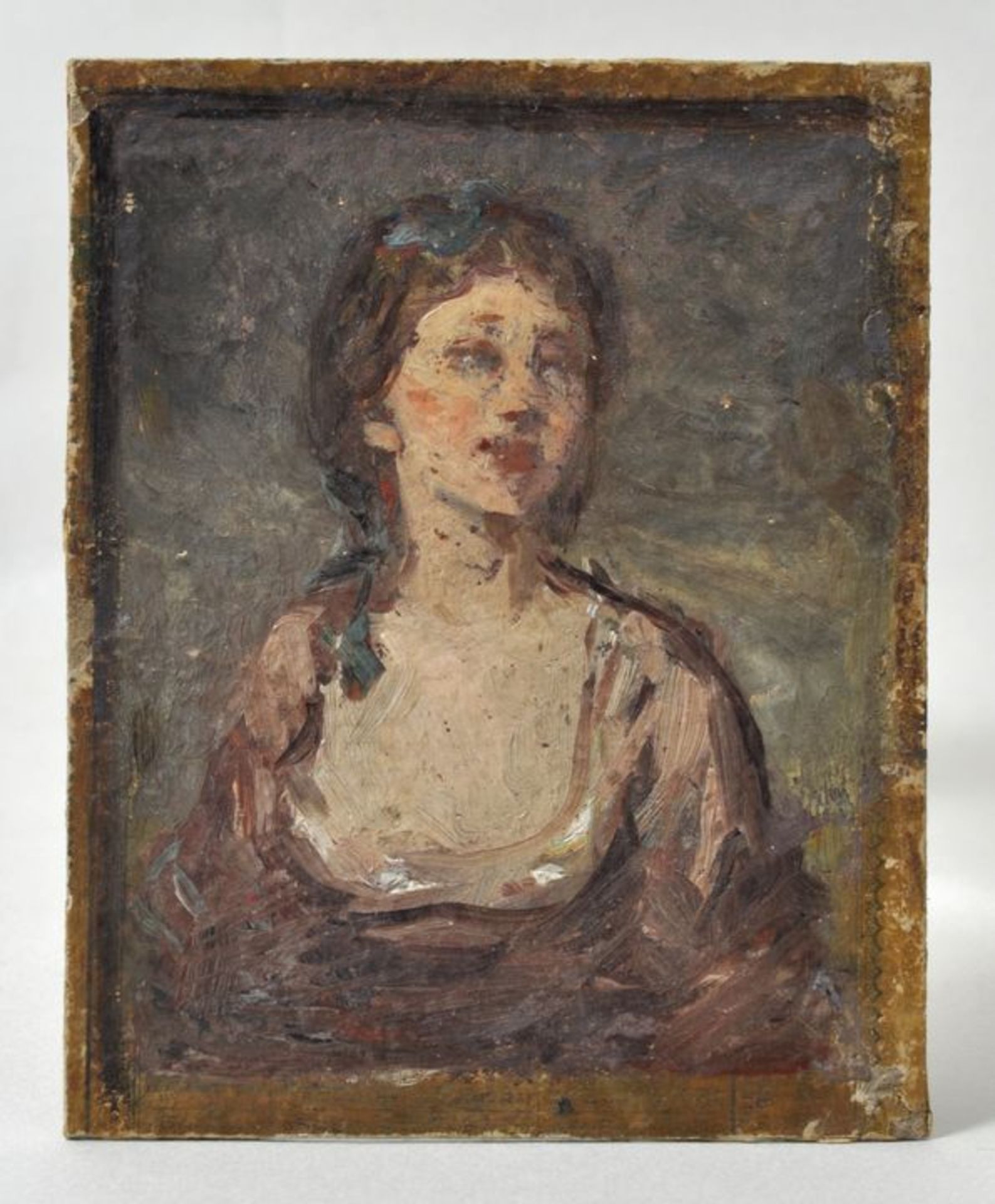Amberg, Wilhelm. 1822-1899 BerlinBildnis einer jungen Frau. Ölstudie auf Pappe, verso