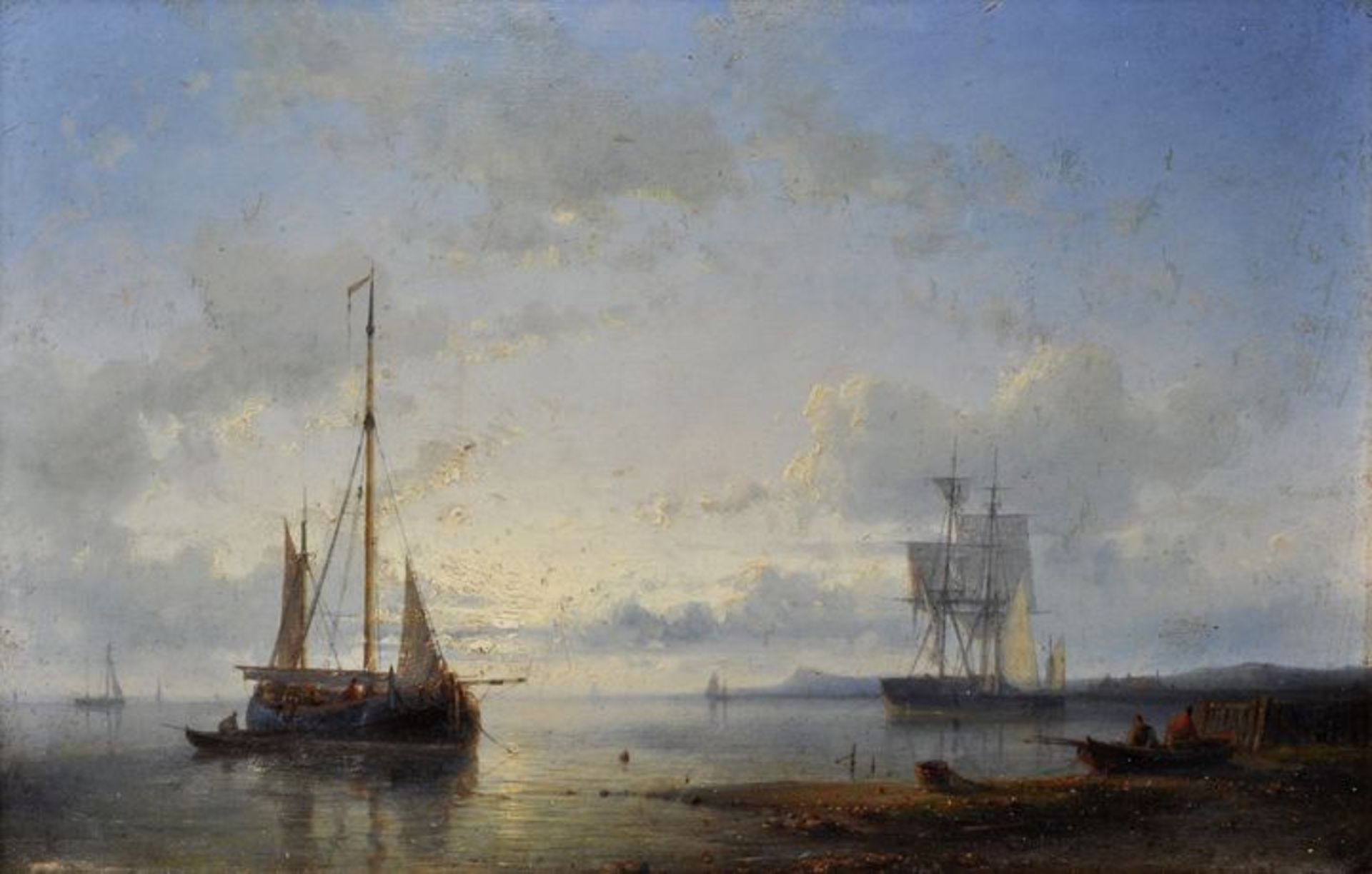 Marinemaler, Mitte/ 2. H. 19. Jh.Bucht mit Segelschiffen bei ruhiger See. Lichtstimmung. Öl auf