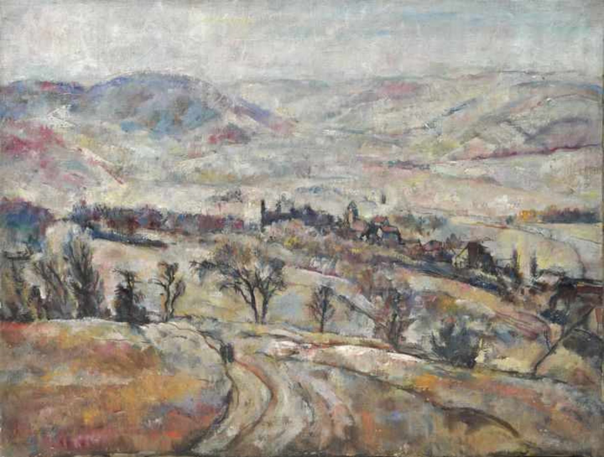 Büttner, Erich.1889 Berlin - 1936 Freiburg im Breisgau. Winterlandschaft mit Spaziergängern. Öl