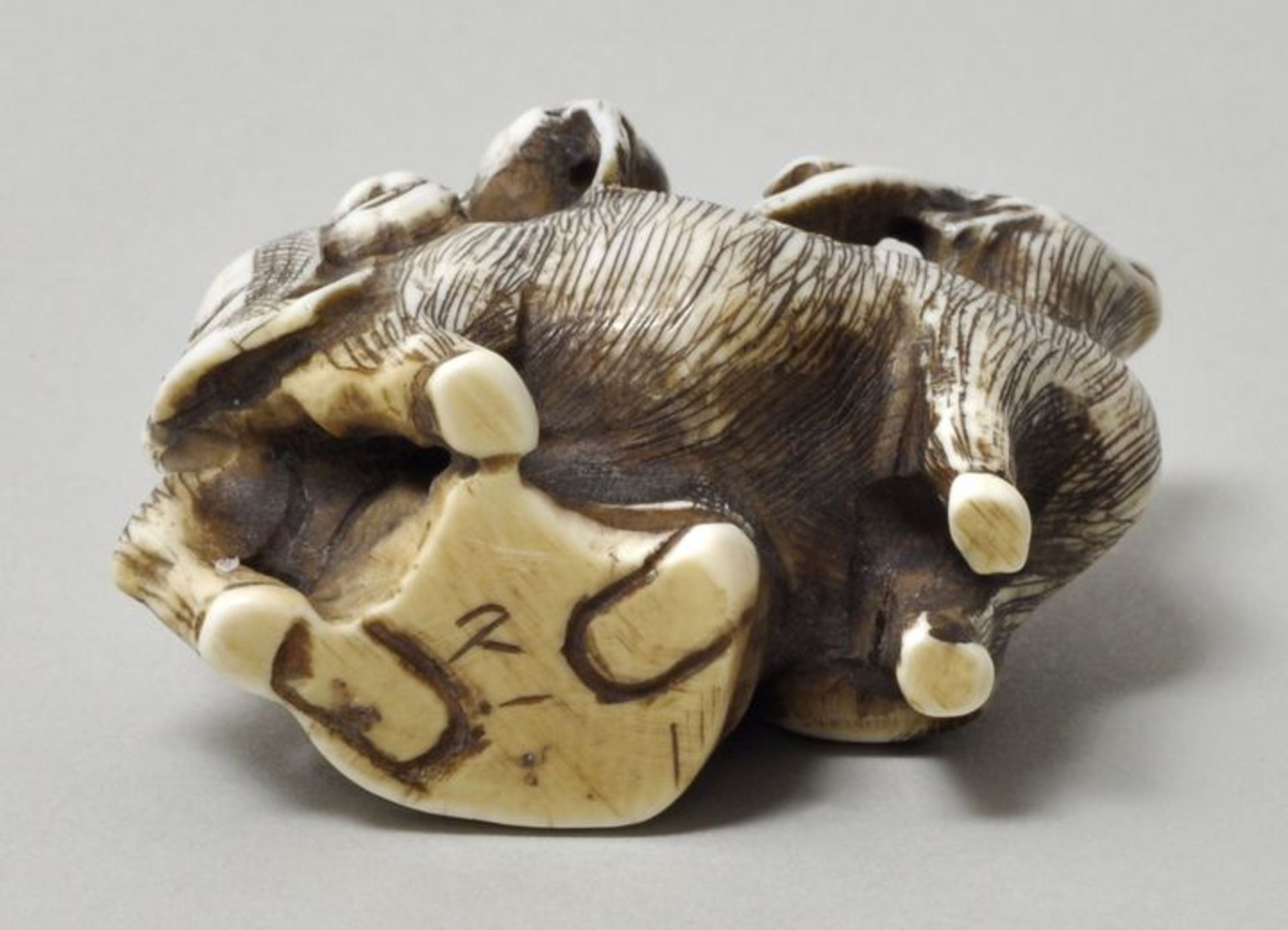 Netsuke, Japan, 19. Jh.Mann mit Hirsch. Bein/ Elfenbein, geschnitzt, Binnengravur schwarz - Bild 2 aus 2