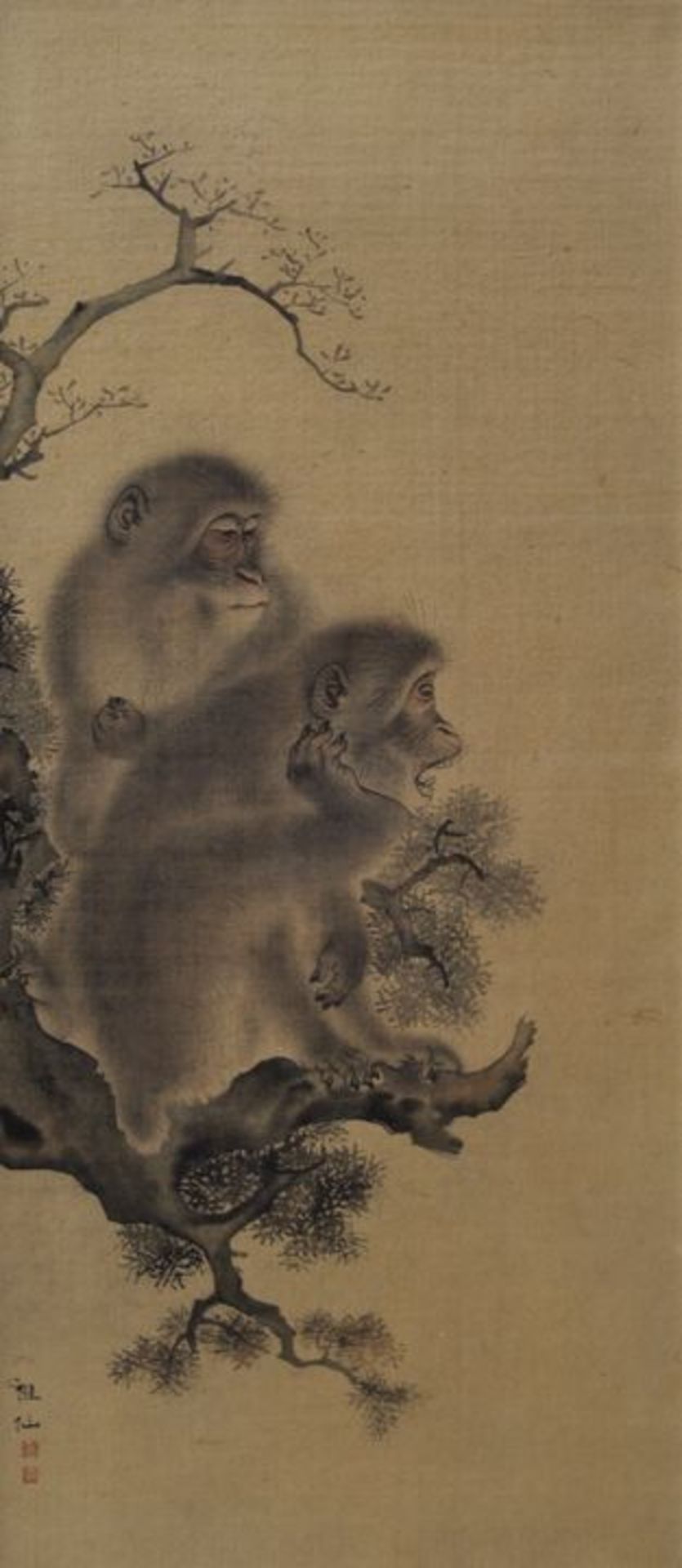 Mori Sosen (1747-1821 Japan)Zwei Affen auf Ast einer Kiefer. Holzschnitt auf Seide, 40,5 x 80 cm (