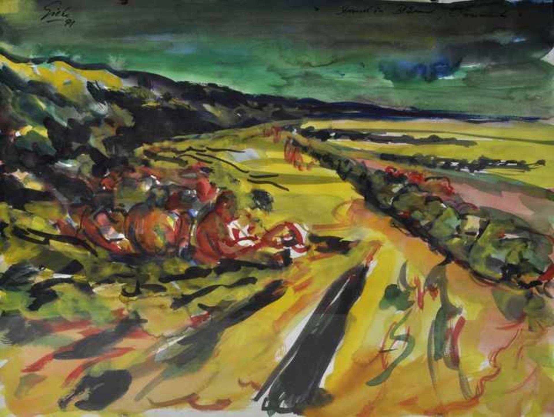 Giebe, Hubertus.1953 Dohna bei Dresden "Strand in Blavand, Dänemark". 1991. Aquarell und Gouache.