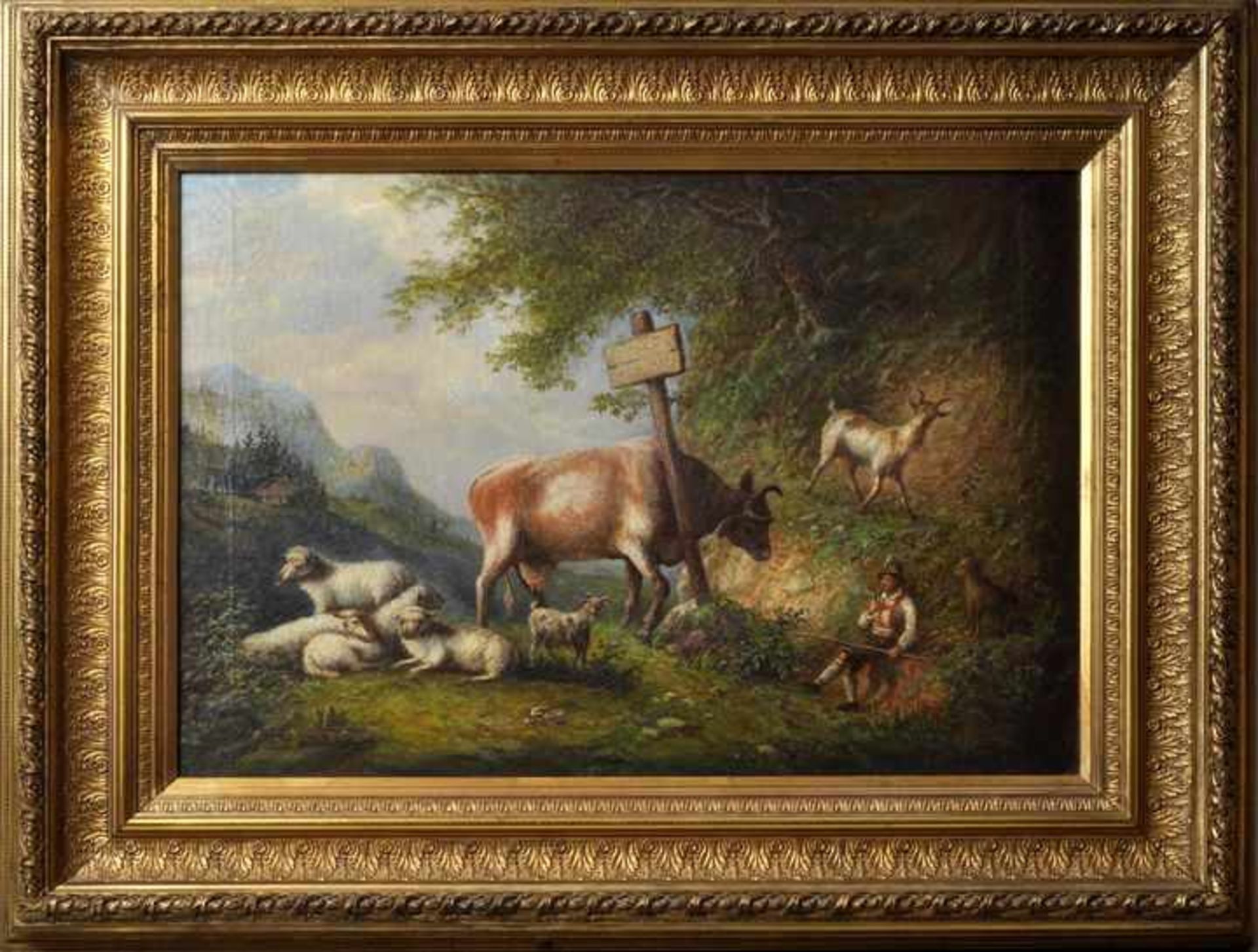 Unbekannter KünstlerTiroler Hirte mit Schafen, Ziegen und einer Kuh. Öl auf Leinwand. Wohl erste - Bild 2 aus 2