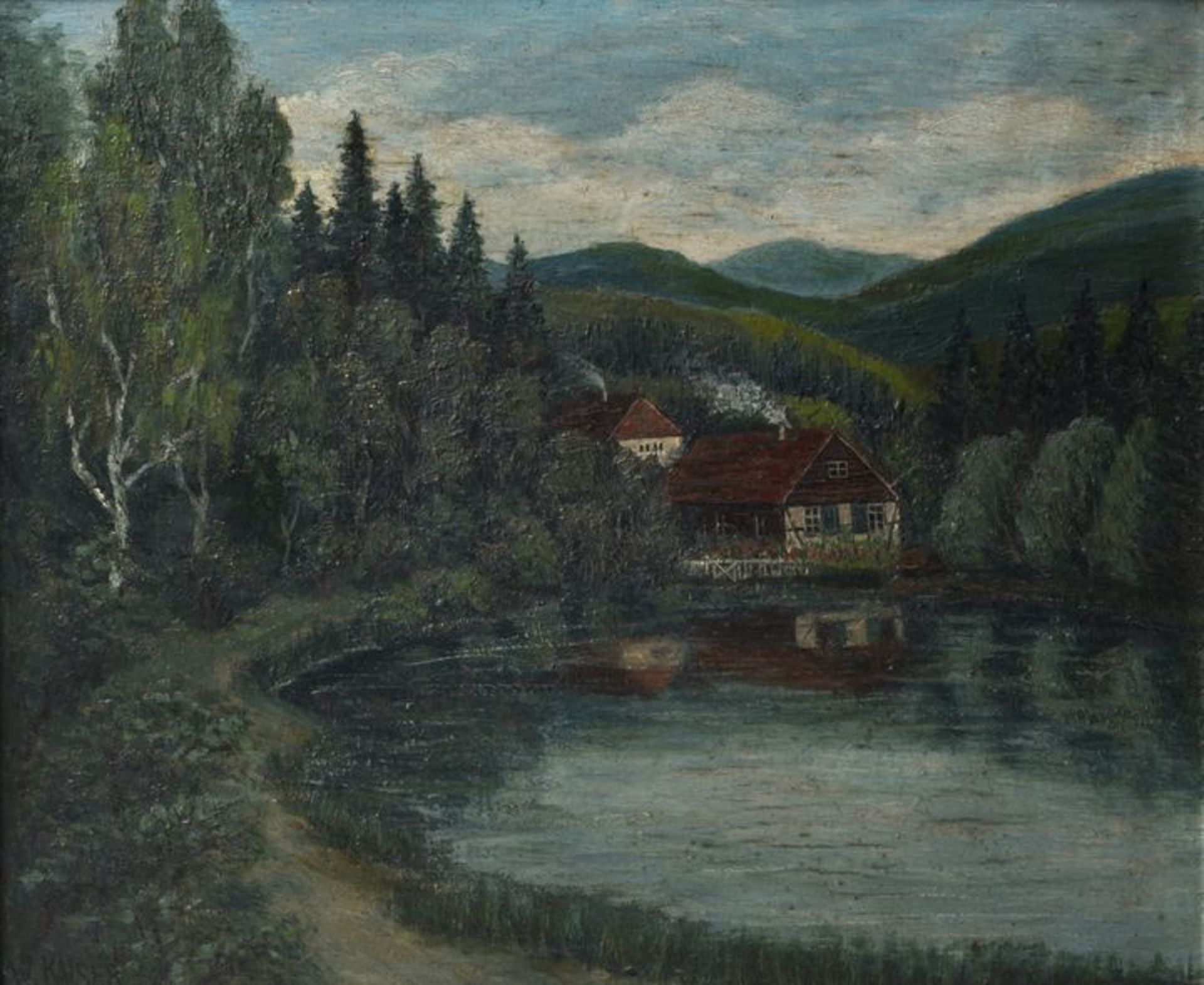 Unbekannter Künstler (Kaiser, W.)Kleines Haus am See. Öl auf Holz.Ohne Jahr. Signiert u.li. W.