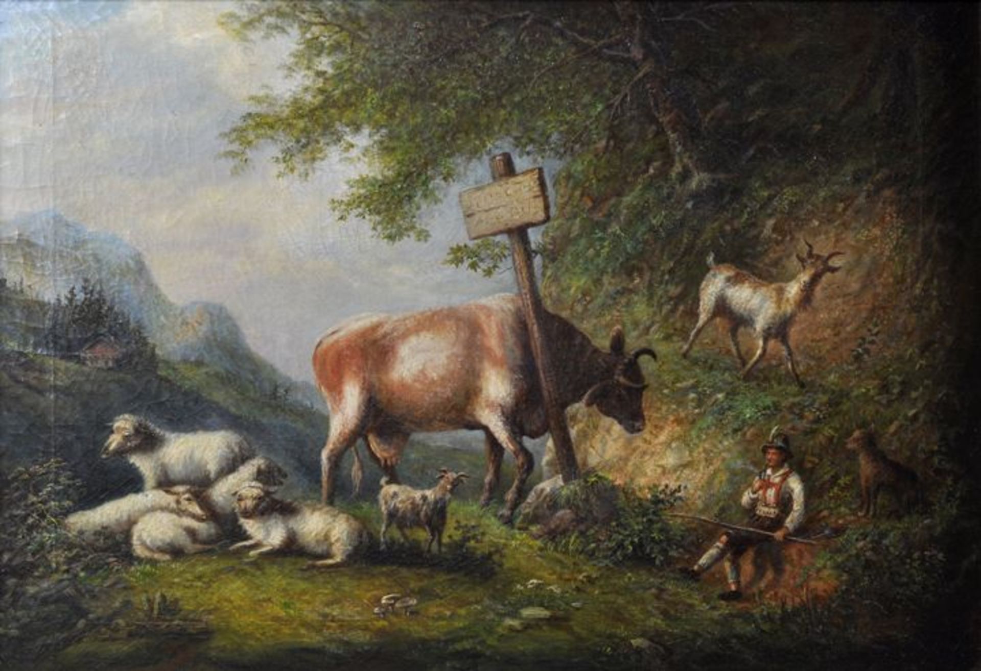 Unbekannter KünstlerTiroler Hirte mit Schafen, Ziegen und einer Kuh. Öl auf Leinwand. Wohl erste