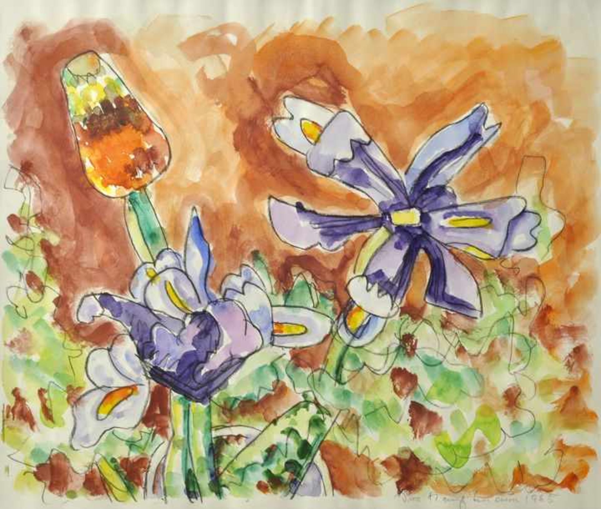 Hauptmann, Ivo.1886 Erkner/Berlin - 1973 Hamburg Tulpe und Schwertlilien. Aquarell und Kohlestift.