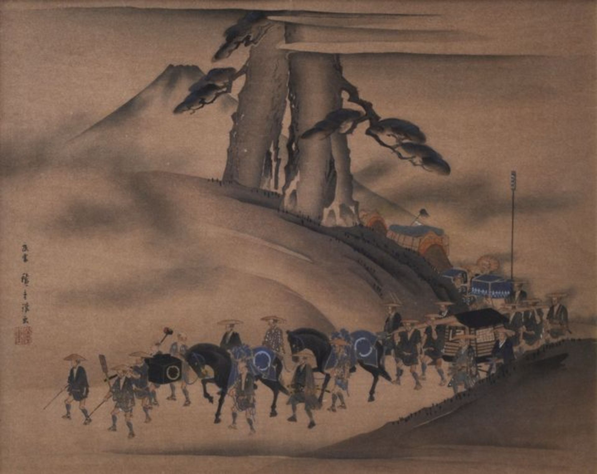 Hiroshige (1797-1858) ?Gefolgszug in nebliger Landschaft, im Hintergrund Berg Fuji. Farbholzschnitt, - Bild 2 aus 3