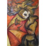 UnbekanntFrau mit Schirm im Herbstwind. Pastell/ Farbkreide,100 x 70 cm, gerahmt.- - -25.00 %