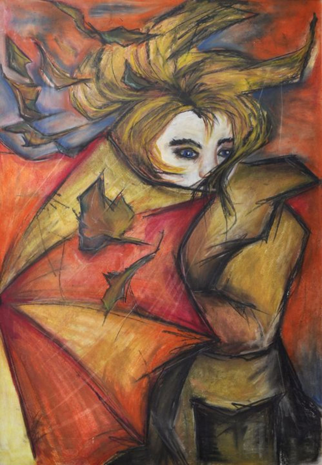 UnbekanntFrau mit Schirm im Herbstwind. Pastell/ Farbkreide,100 x 70 cm, gerahmt.- - -25.00 %