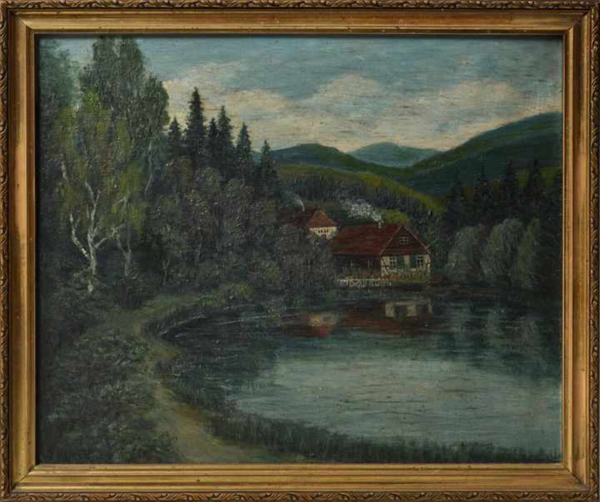 Unbekannter Künstler (Kaiser, W.)Kleines Haus am See. Öl auf Holz.Ohne Jahr. Signiert u.li. W. - Bild 2 aus 3