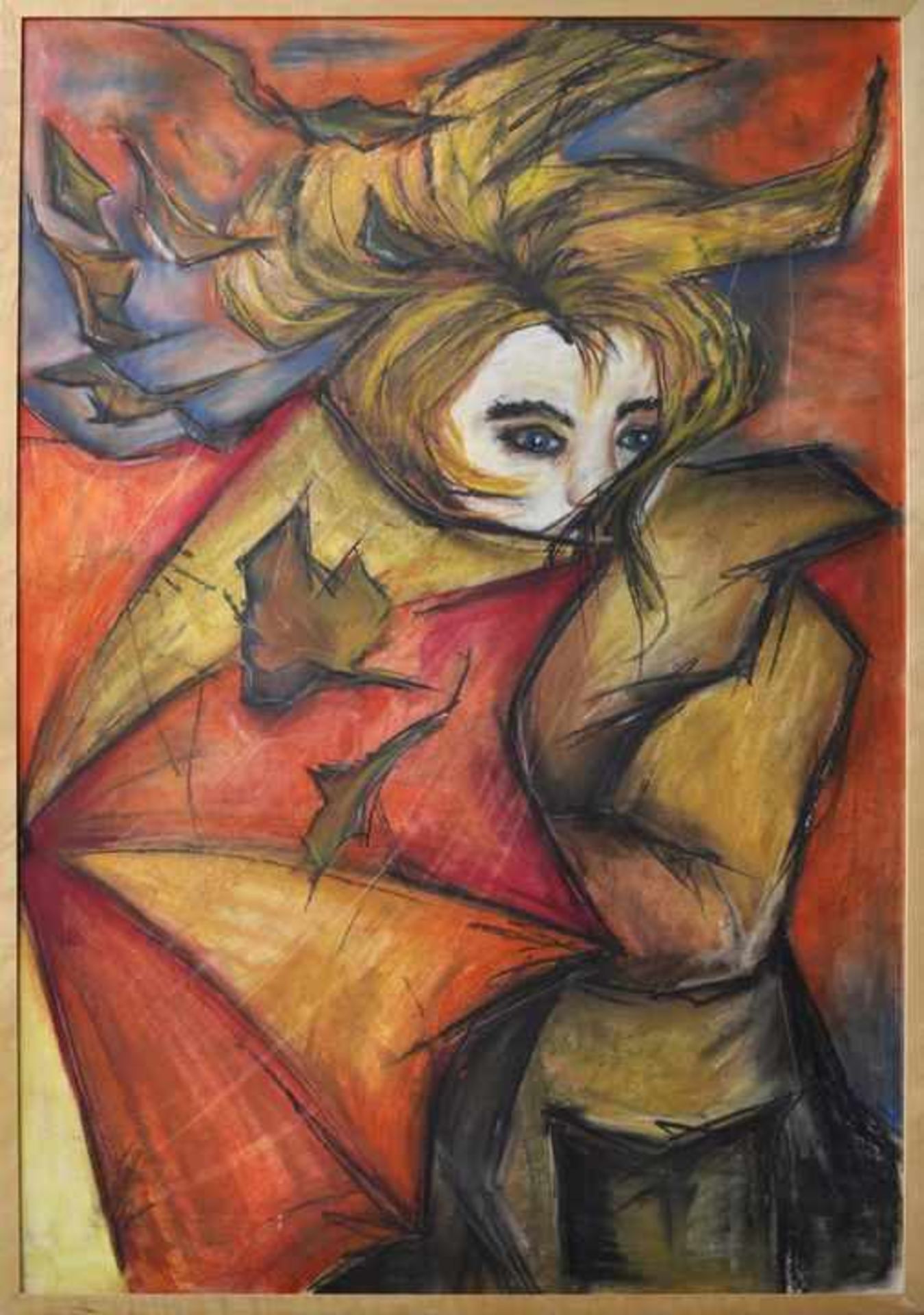 UnbekanntFrau mit Schirm im Herbstwind. Pastell/ Farbkreide,100 x 70 cm, gerahmt.- - -25.00 % - Bild 2 aus 2