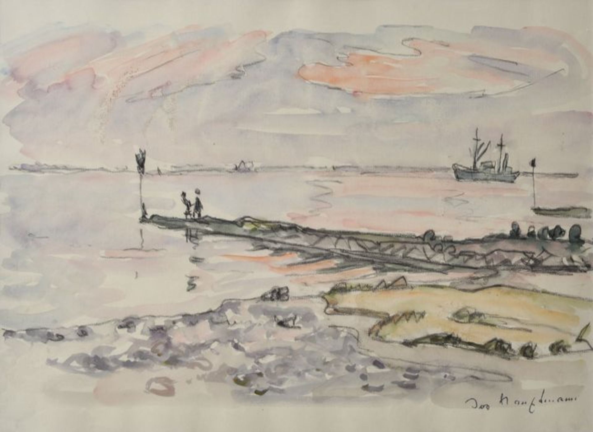 Hauptmann, Ivo1886 Erkner/Berlin - 1973 Hamburg Abend an der Elbe. Aquarell und Kohlestift. Wohl