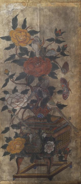 Tapete, China, 19. Jh. (oder früher)Malerei in Deckfarben auf Papier: blühende Päonie in