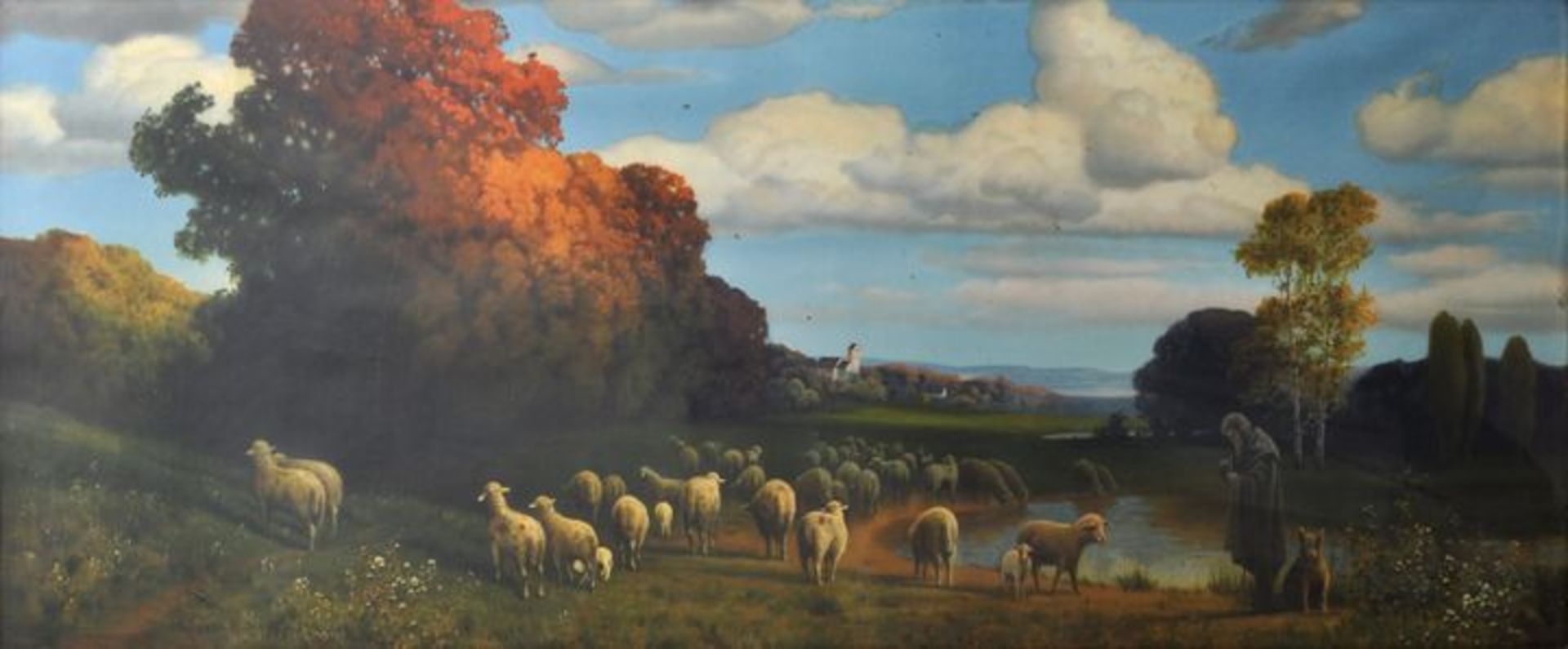 Rüdisühli, Hermann. 1864 Lenzburg - 1944 MünchenHerbstliche Stimmungslandschaft mit Schafhirte am