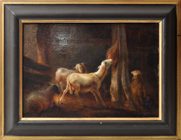 Unbekannter Tiermaler, 1. H. 19. Jh.Schafe im Stall. Öl auf Holz, 27,5 x 41 cm, gerahmt.- - -25.00 % - Image 2 of 2