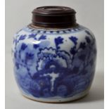 Ingwertopf, China, sp. Qing-DynastiePorzellan/ Steinzeug, in Blaumalerei dekoriert, Holzdeckel.