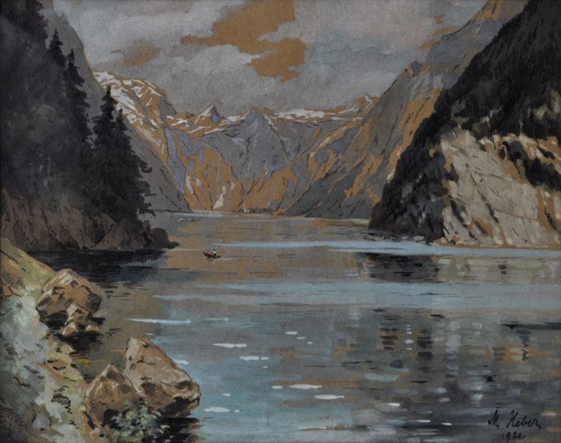 Heber, Max.Alpensee. 1921. Aquarell/ Gouache, re. u. sign. und dat., 20 x 26,5 cm (BA). Hinter
