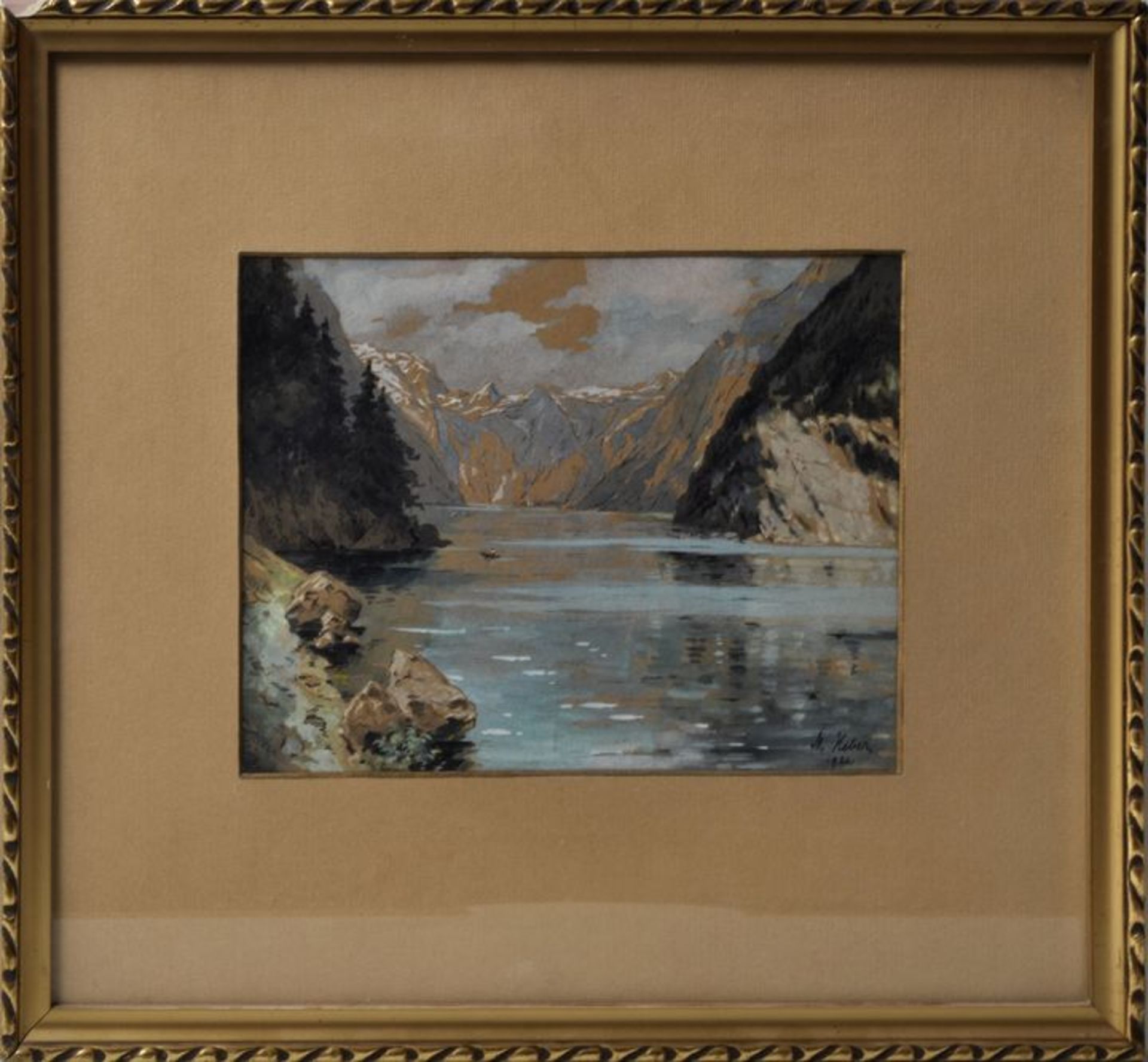Heber, Max.Alpensee. 1921. Aquarell/ Gouache, re. u. sign. und dat., 20 x 26,5 cm (BA). Hinter - Bild 2 aus 3