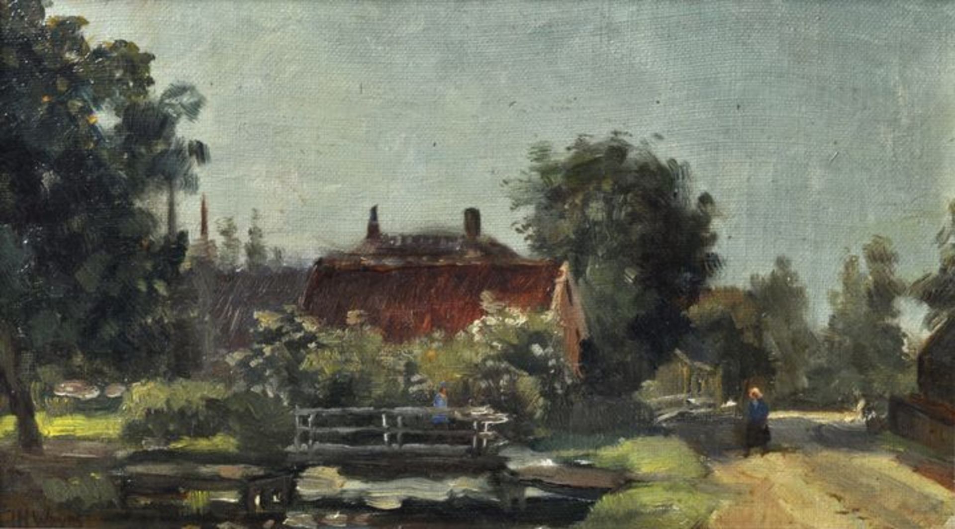 Weyns, Jan Harm.1864 Zwolle - 1945 Rotterdam Dorfanger mit kleiner Brücke. Öl auf Leinwand, auf