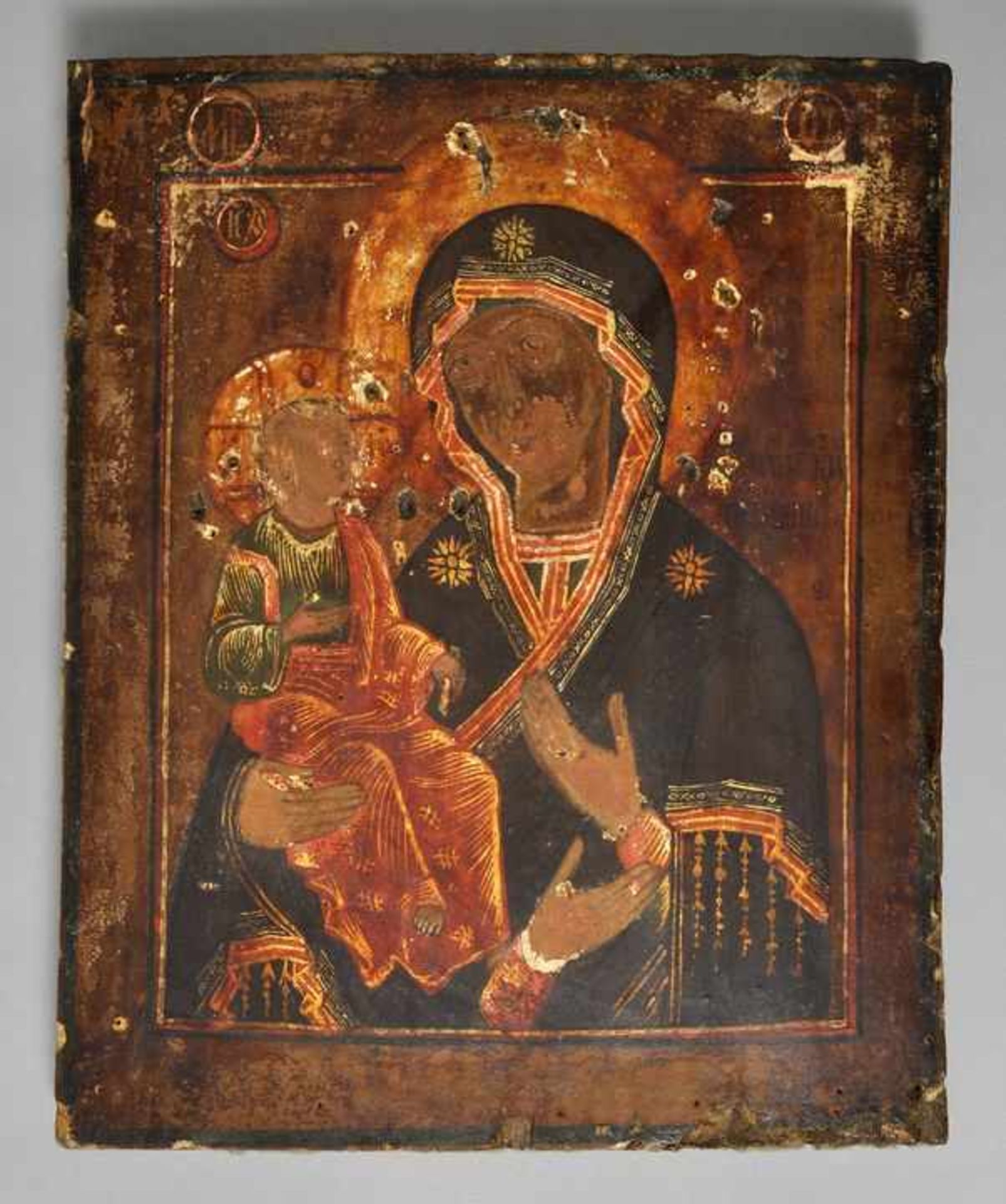 Ikone, Russland, um 1800Typus Tricheirousa (Dreihändige Gottesmutter). Laubholztafel mit - Bild 2 aus 2