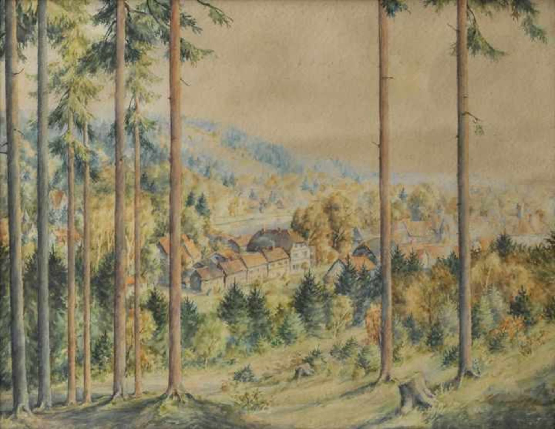 Thüringer KünstlerBlick nach Georgenthal vom Schwabhäuser Kopf. Aquarell. 1946. Signiert (A.