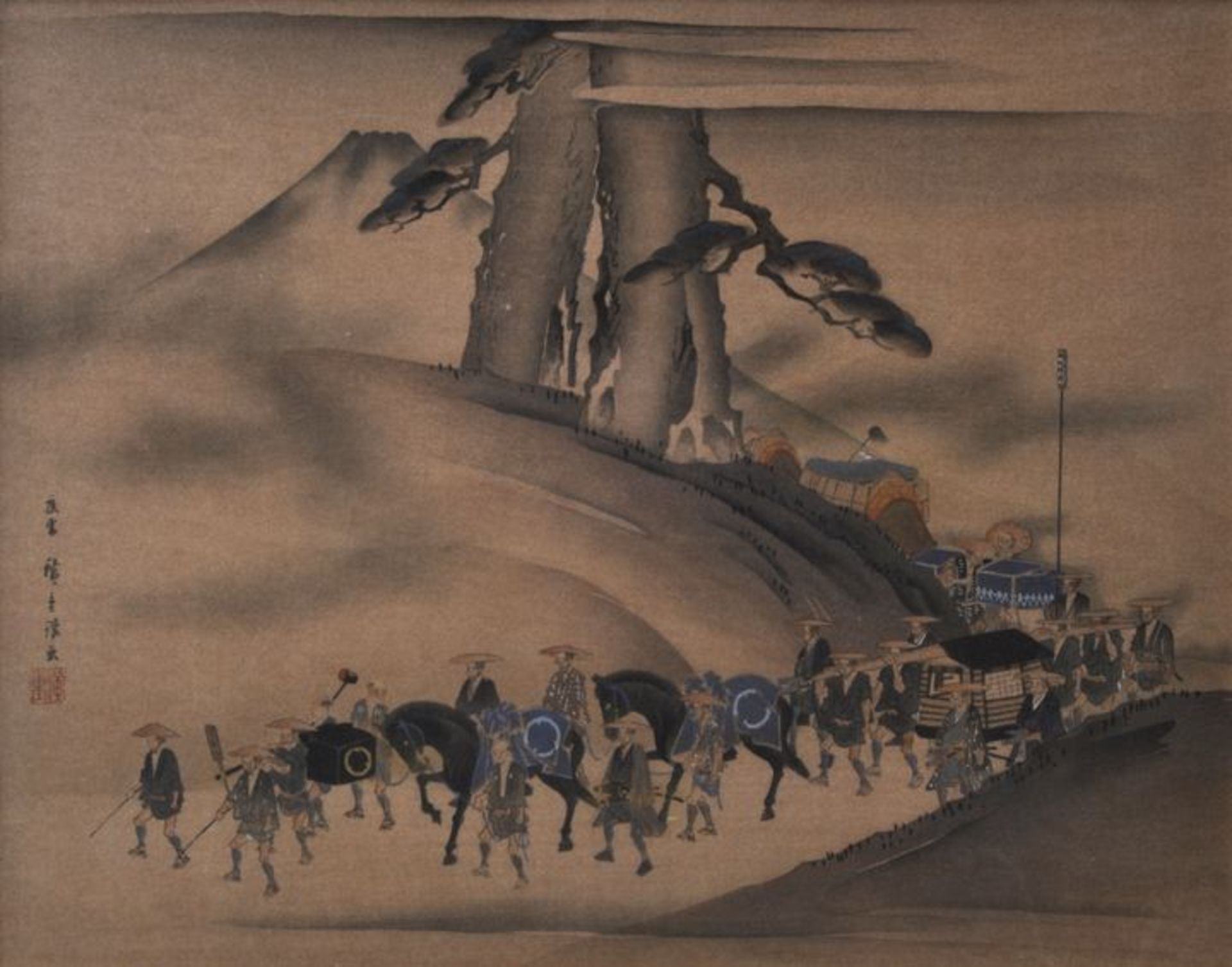 Hiroshige (1797-1858) ?Gefolgszug in nebliger Landschaft, im Hintergrund Berg Fuji. Farbholzschnitt,