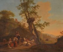 Nicholas Henri Joseph Fassin (Belgian 1728-1811)A drover and figures resting in an Italianate landsc