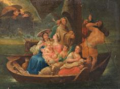 French School (18th century)An allegorical scene with figures, donkey and sheep in a boat