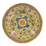 A Chinese yellow-ground gilt and enamelled 'wanshou wuqiang' dish, Guangxu