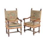 A pair of Continental walnut open armchairs, late 17th century