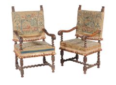 A pair of Continental walnut open armchairs, late 17th century