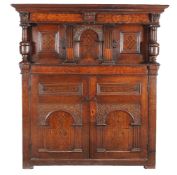 An English oak, parquetry and marquetry court cupboard, 17th century