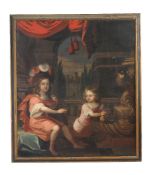French School (late 17th century)Portrait of two children playing by a fountain with a view of a cha