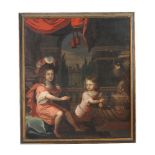 French School (late 17th century)Portrait of two children playing by a fountain with a view of a cha